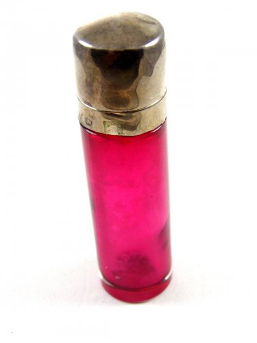 English Red Glass Sterling Top Perfume Bottle Signed CM 7714
