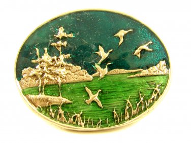 Flying Ducks Lake Enameled Belt Buckle Unmarked 092614