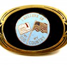 1982 I Believe In God Bible My Country Flag Brass Belt Buckle by NAP Inc 092614