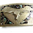 Western Cowboy Mexican Silvertone & Abalone Longhorn Belt Buckle Unmarked 72414