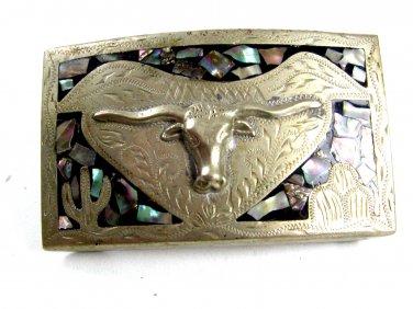 Western Cowboy Mexican Silvertone & Abalone Longhorn Belt Buckle Unmarked 72414