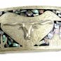 Western Cowboy Mexican Silvertone & Abalone Longhorn Belt Buckle Unmarked 72414