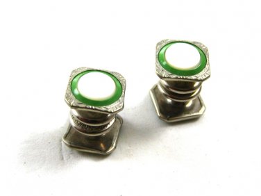 Deco Silvertone Mother Pearl Green Snap Link Cufflinks By Park Roger Jiffy