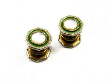 Deco Silvertone Mother of Pearl Green Snap Link Cufflinks Unmarked 102714