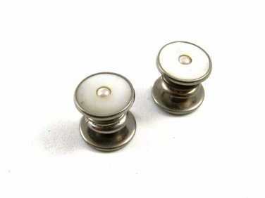 Deco Silvertone Mother Pearl Snap Link Cufflinks Bear Wilde KUM-A-PART 102714j