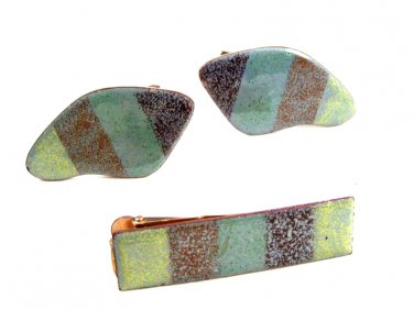 Mid Century Modern Copper Enameled Cufflinks & Tie Clasp Unmarked 110714