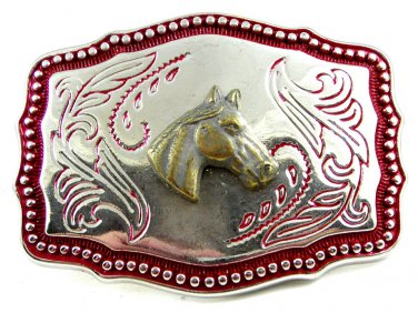 Made in USA Western Goldtone Red Horse Head Belt Buckle #102113a