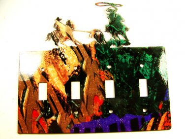 Rodeo Cowboys Calf Roping Quadruple Light Switch Plate Steel Images USA 51215