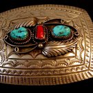 Vintage R. Bennett Navajo Sterling Silver Turquoise Coral Belt Buckle 008617