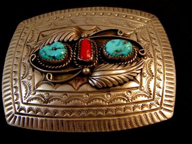 Vintage R. Bennett Navajo Sterling Silver Turquoise Coral Belt Buckle 008617