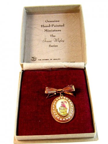 Hand Painted Miniature Irene Wigley Portrait Brooch Mint in Box