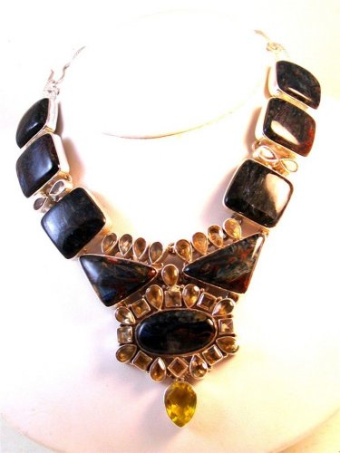 Gothic Tribal Renaissance Sterling Silver Lapis Topaz Quartz Necklace 008717