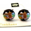 Early Toshikane Sterling Silver & Porcelain Golden Pagoda Cufflinks