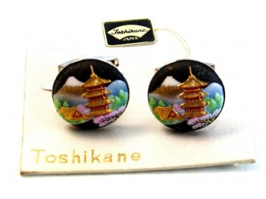 Early Toshikane Sterling Silver & Porcelain Golden Pagoda Cufflinks