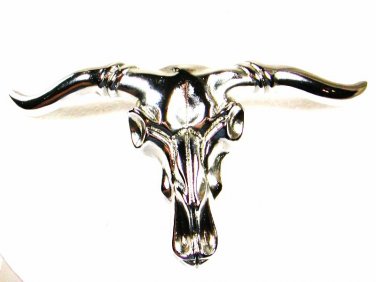 1980 Silver Tone Bull Horns Solid Brass Belt Buckle by BARON 12915