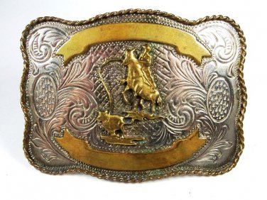 1950's Western Cowboy Rodeo Calf Roping Belt Buckle Branded Can;t Read 111015