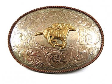 German Silver Horse Racing Belt Buckle By MONTANA SILVERSMITHS 112217