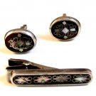 Vintage Mexican Sterling Silver Inlaid Cufflinks Tie Clasp 008717