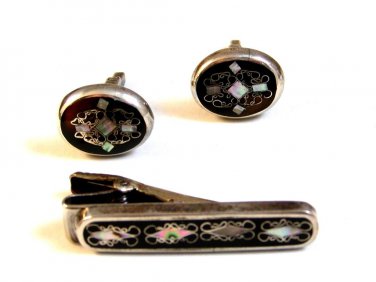 Vintage Mexican Sterling Silver Inlaid Cufflinks Tie Clasp 008717