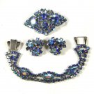 1950's 3 Piece Set Blue Rhinestone Brooch Earrings Bracelet Unbranded 82015