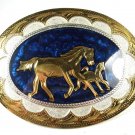 Western Cowboy Horse Silvertone Blue Belt Buckle by Silver Strike 111015
