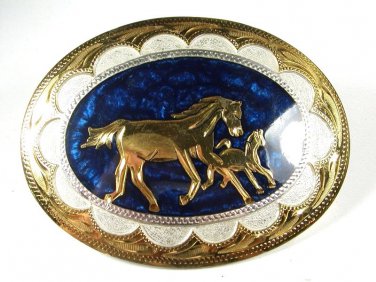 Western Cowboy Horse Silvertone Blue Belt Buckle by Silver Strike 111015