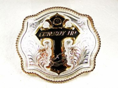 Silver Tone Black Gold Tone Cross Cowboy UP Belt Buckle by Montana Silversmiths