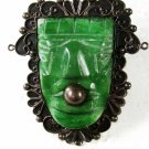 Vintage Mexican Silver Green Jadite Aztec / Mayan Brooch Unbranded 32616