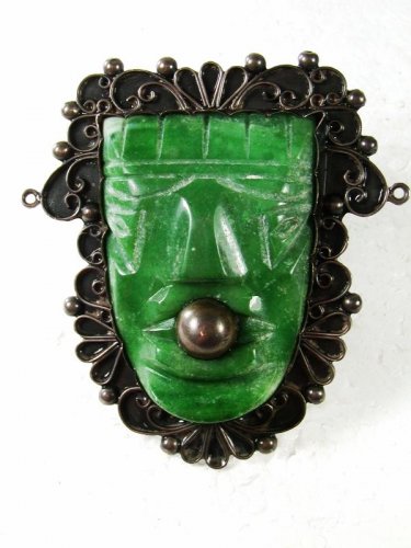 Vintage Mexican Silver Green Jadite Aztec / Mayan Brooch Unbranded 32616