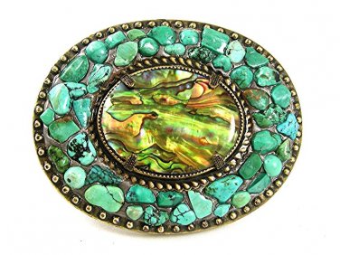 Turquoise Mosaic Abalone Belt Buckle By MICHAL GOLAN & INCLUDES BELT 51517