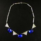Vintage Art Deco Silvertone Blue Cabachon 17” Necklace / Choker  72116