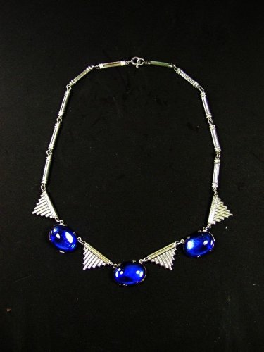 Vintage Art Deco Silvertone Blue Cabachon 17&acirc;�� Necklace / Choker  72116