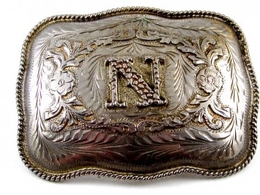 Mexican Alpaca Silvertone Initial / Letter N Belt Buckle 04228014 Not Signed