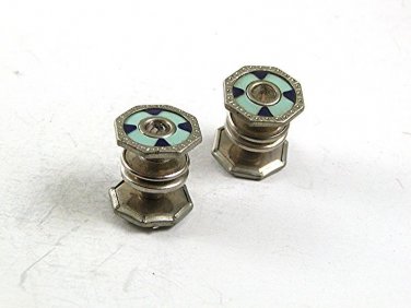 Vintage Art Deco Silvertone Blue Black Cufflinks By SNAP LINK 10717
