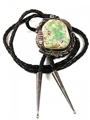 Vintage Native American Coin Silver Turquoise Bolo Leather Cord By PJ 52617