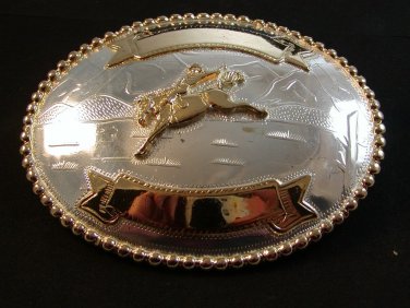 Western Silver & Gold 2 Tone Rodeo Cowboy Bucking Broncho Belt Buckle by Justin