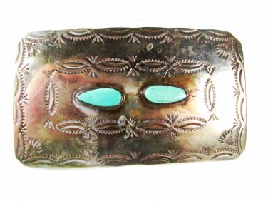 Vintage Southwest Style Native American Silvertone Turquoise Belt Buckle 93017