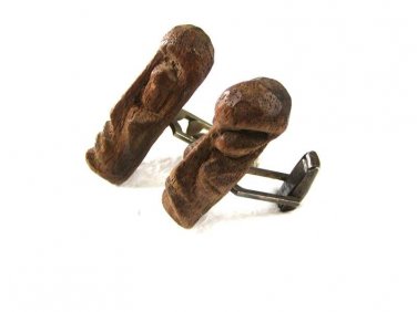 Vintage Sterling Silver Miniature Wooden Tribal Head Cufflinks Hand Carved B8316