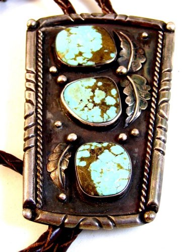 Huge Vintage Signed L7 Native American Sterling Silver Turquoise Bolo 008617