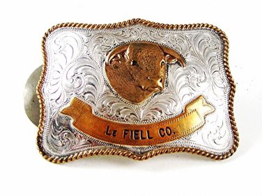 Vintage Sterling on Nickle & Gold tone LeFiell Company Bull Belt Buckle 92016