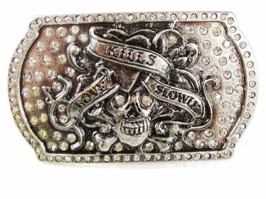 Love Kills Slower Silvertone Rhinestones Belt Buckle By ED HARDY 33116
