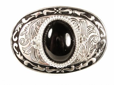 Western Silvertone Stone Black Belt Buckle Unbranded Made USA 42216