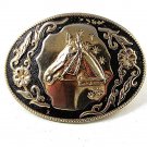 Vintage Western Cowboy Gold Tone Black Horse Head Belt Buckle 122016