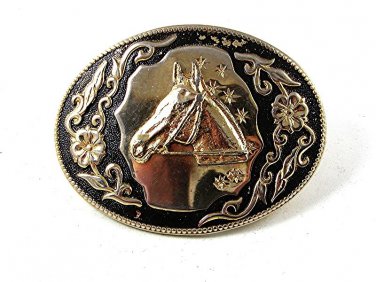 Vintage Western Cowboy Gold Tone Black Horse Head Belt Buckle 122016