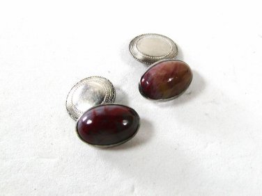 Vintage Sterling Silver & Pinkish Agate Cufflinks Unbranded 51916