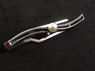 Vintage Mid Century Silver & Pearl Tie Clasp By K. MIKIMOTO TOKYO 72617