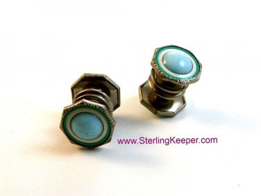 Victorian Baer & Wilde Silver Tone & Blue Green Enamel Kum A Part Cufflinks