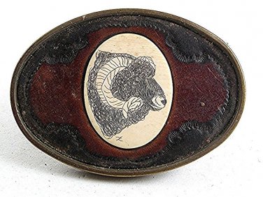 Vintage Scrimshaw Big Horn Sheep Brass Leather Belt Buckle By BTS USA 9617