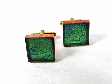 Vintage Goldtone Copper Blue Green Glass Cufflinks 81316