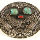 Handcrafted Silvertne Turquoise Coral Eagle Belt Buckle Unbranded MADE in USA